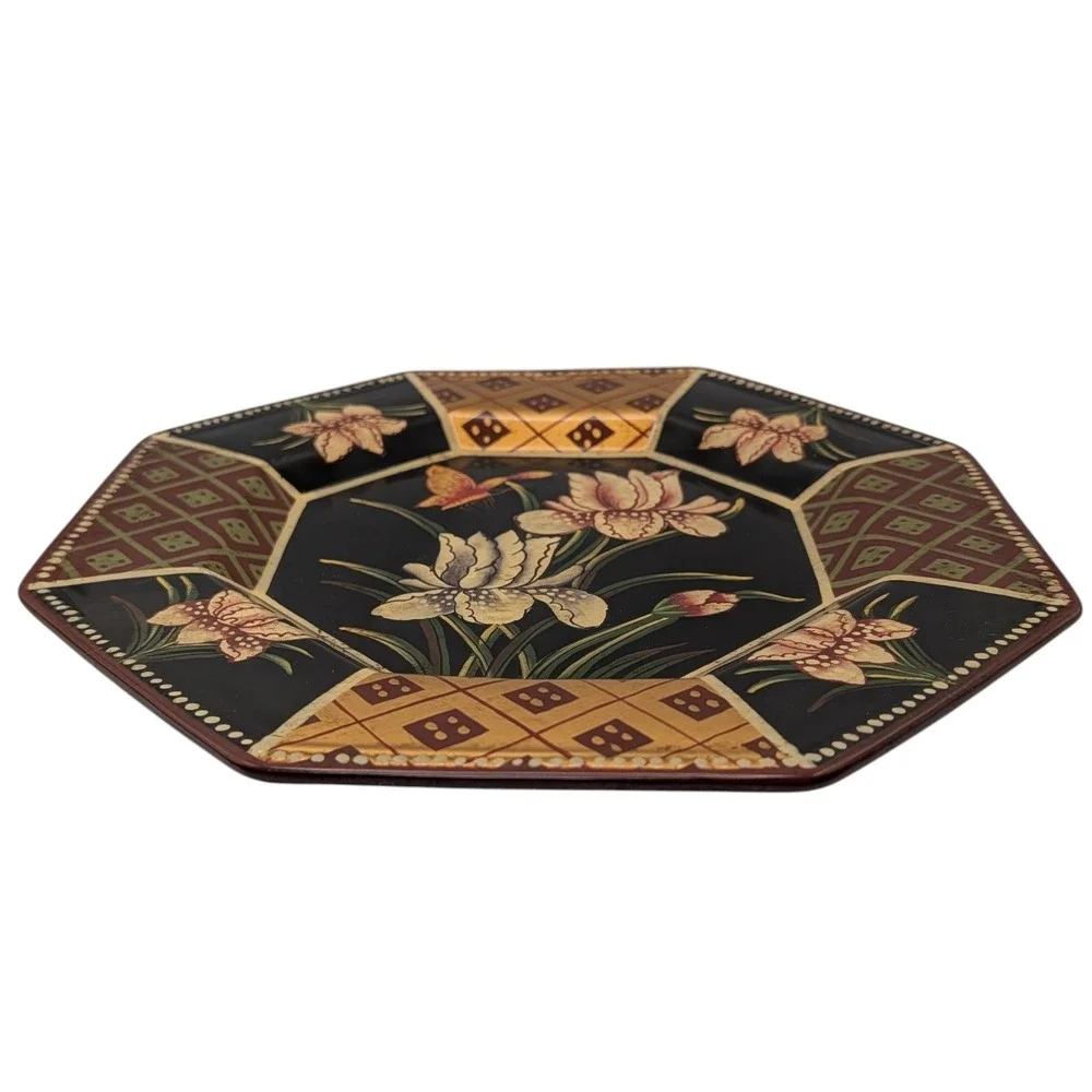 Vintage Oriental Accent Plate Octagon Decorative Butterfly Flowers Ceramic Black